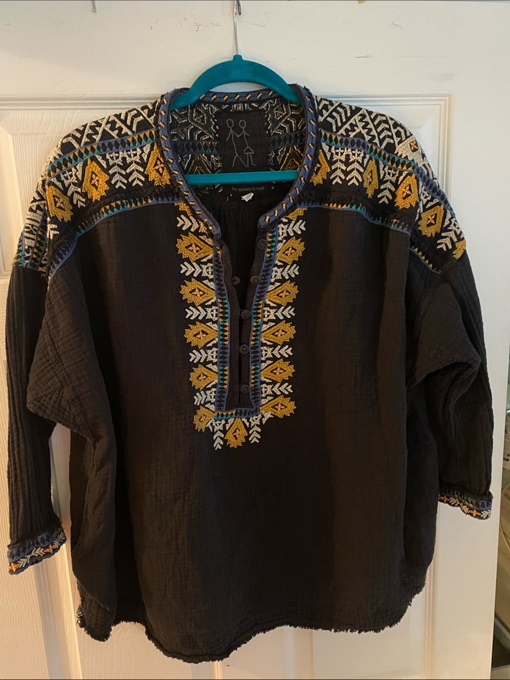 Johnny Was Black Embroidered Tunic with Yellow and Blue Accents